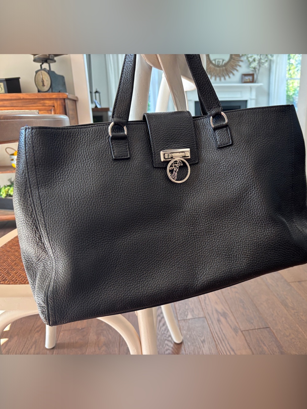 Black Pebbled Leather Tote Bag with Silver Accent